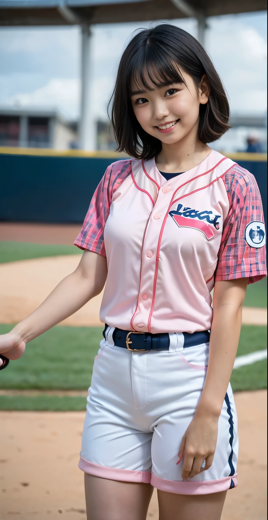 （8K、Raw photography、highest quality、masterpiece：1.2),(black haired、very short hair:1.9),show viewer,Looking at the front,erotic,白いskin,(wearing a pink and white baseball uniform:1.6)、(Clothing that emphasizes the shape of your chest、publish one&#39;skin:1.6)、(big :1.3)、slim body shape、ultra high resolution,beautiful,beautiful fece,(alone, alone、no background:1.9),whole bodyボディー,japanese woman,（Photoreal：1.37）、photon mapping,reality、(Cute with a baby face: 1.0)、(cute smile: 1.7)、(With a round face: 1.8)、radio city、Physically based rendering、depth of field rally background、photograph, (I can see your knees,close up of thighs、Too short pants with navy blue and pink plaid pattern、camel toe:1.5),whole body、super fine