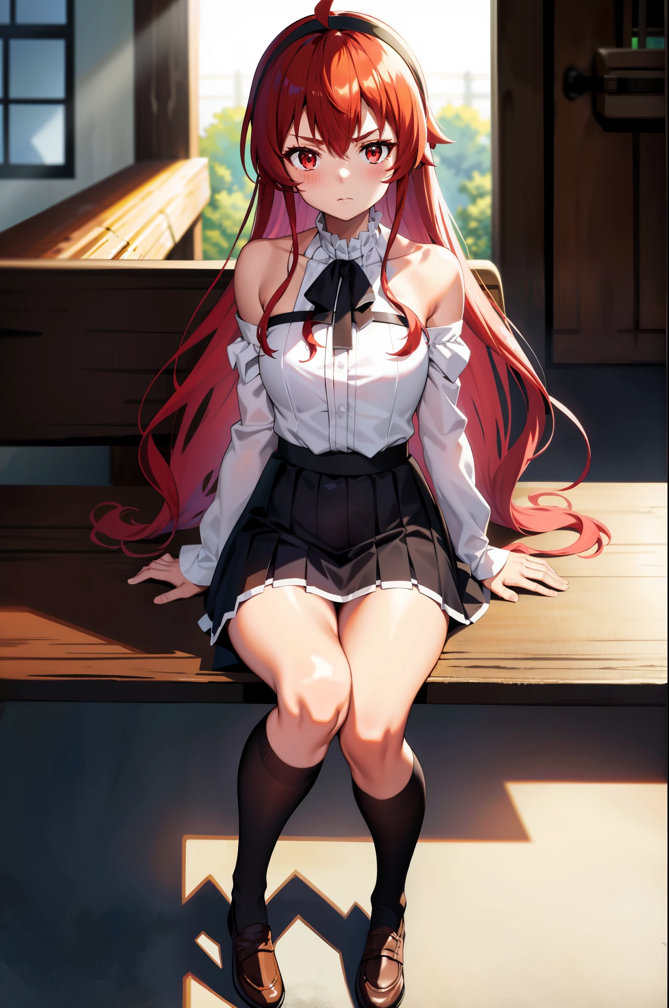 Eris Greyrat, (1 girl:1.3), solo, Ahoge, bangs, bare shoulders, black hair band, closed mouth, clothing clippings, white clothes, sit on a chair, (hand between legs:1.2), hair between eyes, hair band, long hair, long sleeve, looking at the viewer, red eyes, redhead, shoulder cutout, Background of the mansion, ruffle skirt, (Skirt below the knee:1.3), alone, High resolution, Harm, mushoku tensei, cowboy shot