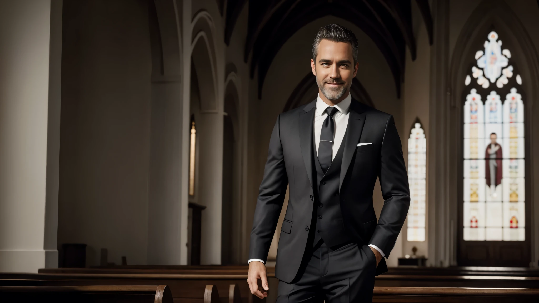 Create actor Jay Harrington as a Pastor, smiling and happy, Pastor looking at center of image, background image of temple from inside, Pastor, short gray hair, film cover style, short gray beard, wearing luxurious black suit, focus on body details, cover image, heavenly atmosphere, film photography style, focus on facial details, heavenly atmosphere, cinematic effect, ultra HD, best quality, wearing luxurious black suit.