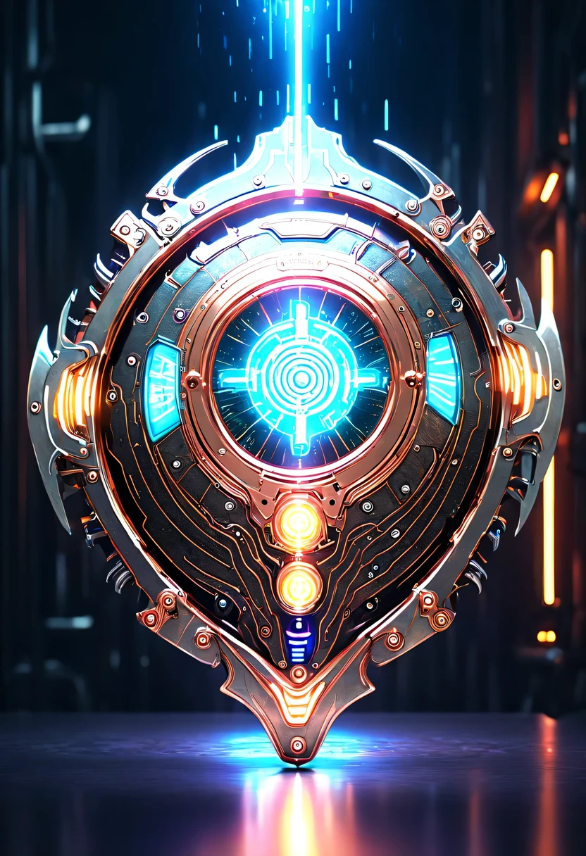 (Legendary Energy Light Shield:1.5),liquid metal,Copper plate engraving,Sci-fi transparent ethereal shield,cyberpunk,Holographic projection,mechanical aesthetics,neon lights,laser light,fluorescence,glow effect,liquid metal,Copper plate engraving,Unreal Engine,