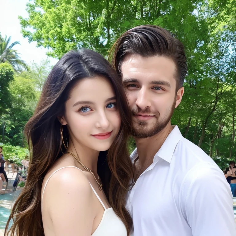 girl with long brown hair , blue eyes, in a summer short sundress in white. There's a black-haired guy nearby , high growth. The guy is wearing a white shirt and blue pants . Girl and guy hugging, against the backdrop of nature, fantasy style , professional photo , realistically