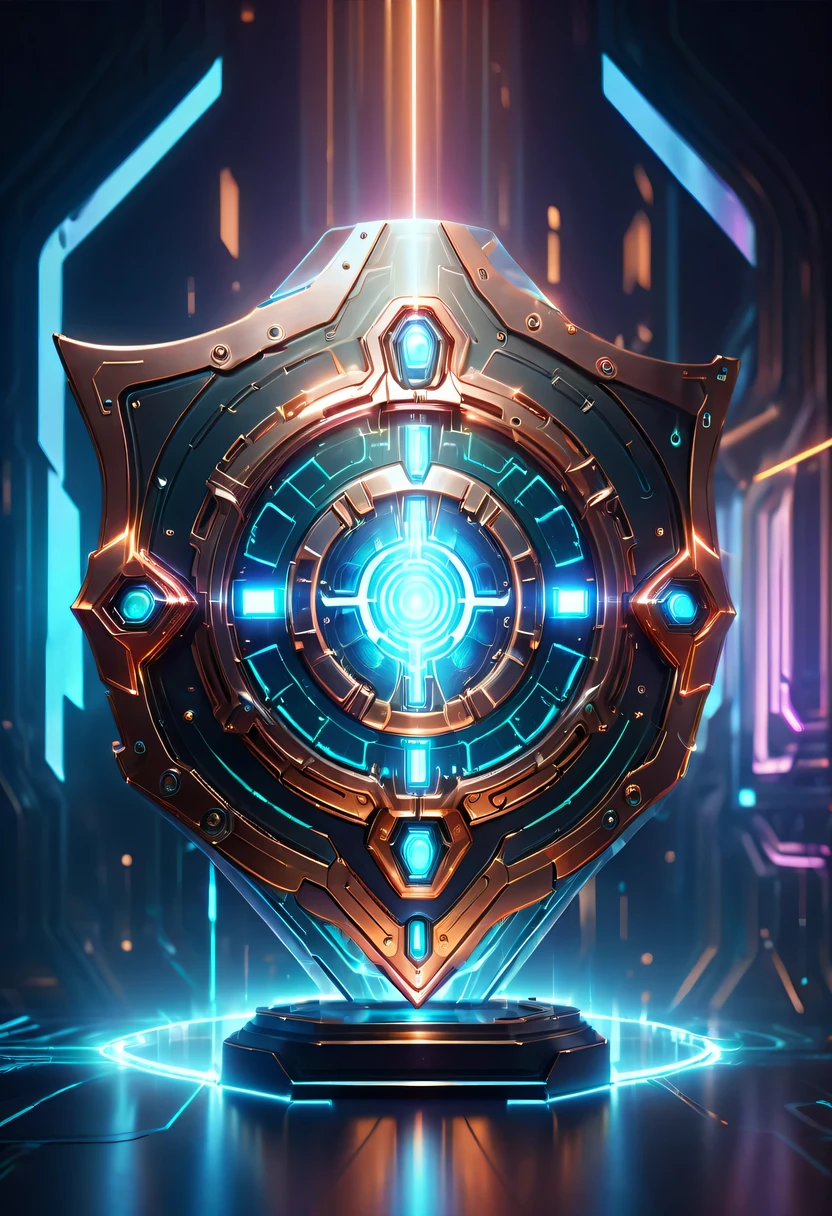 (Legendary Energy Light Shield:1.5),liquid metal,Copper plate engraving,Sci-fi transparent ethereal shield,cyberpunk,Holographic projection,mechanical aesthetics,neon lights,laser light,fluorescence,glow effect,liquid metal,Copper plate engraving,Unreal Engine,