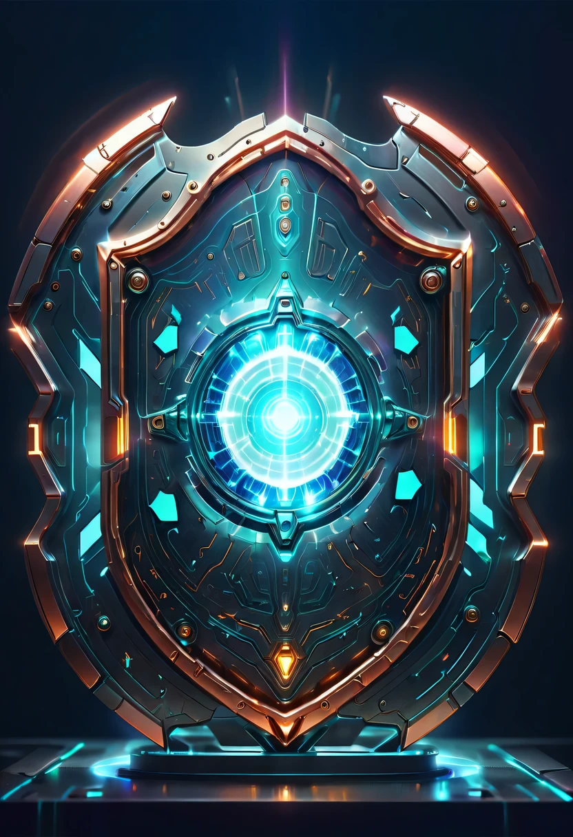 (Legendary Energy Light Shield:1.5)，liquid metal，Copper plate engraving，Sci-fi transparent ethereal shield，cyberpunk，Holographic projection，mechanical aesthetics，neon lights，laser light，fluorescence，glow effect，liquid metal，Copper plate engraving，Unreal Engine,