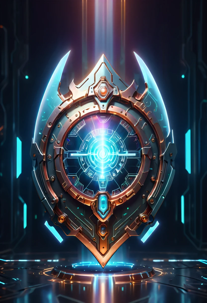 (Legendary Energy Light Shield:1.5),liquid metal,Copper plate engraving,Sci-fi transparent ethereal shield,cyberpunk,Holographic projection,mechanical aesthetics,neon lights,laser light,fluorescence,glow effect,liquid metal,Copper plate engraving,Unreal Engine,
