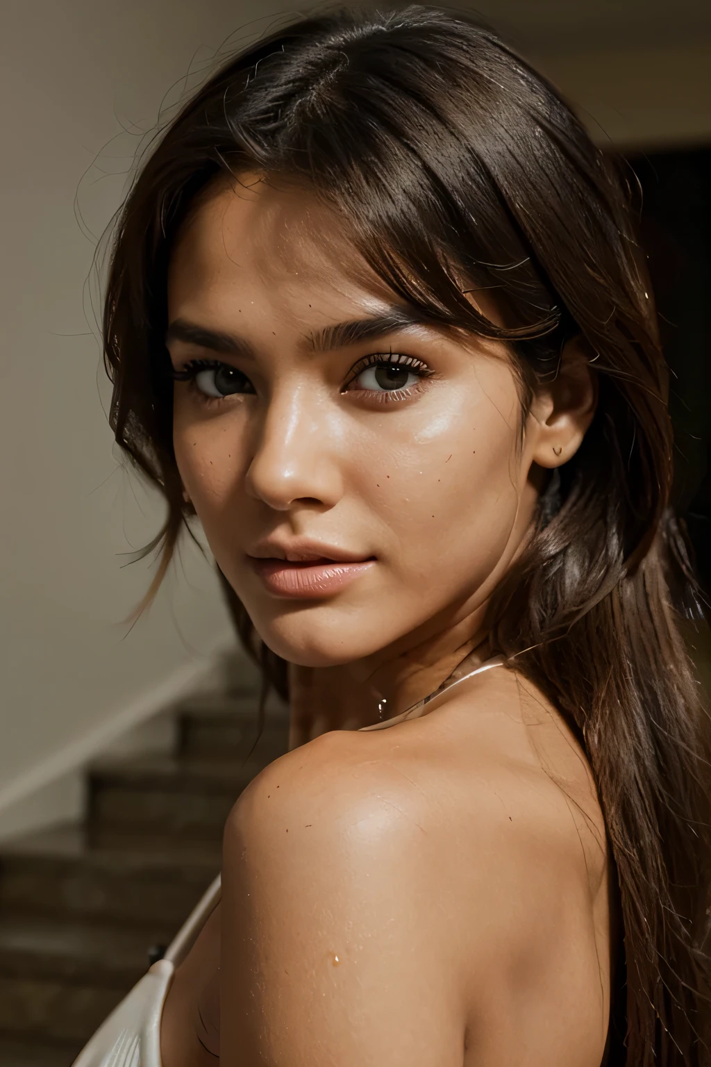 ultra realistic photo of a covershoot super model brazilian, whole face and shoulders, stairs into the camera