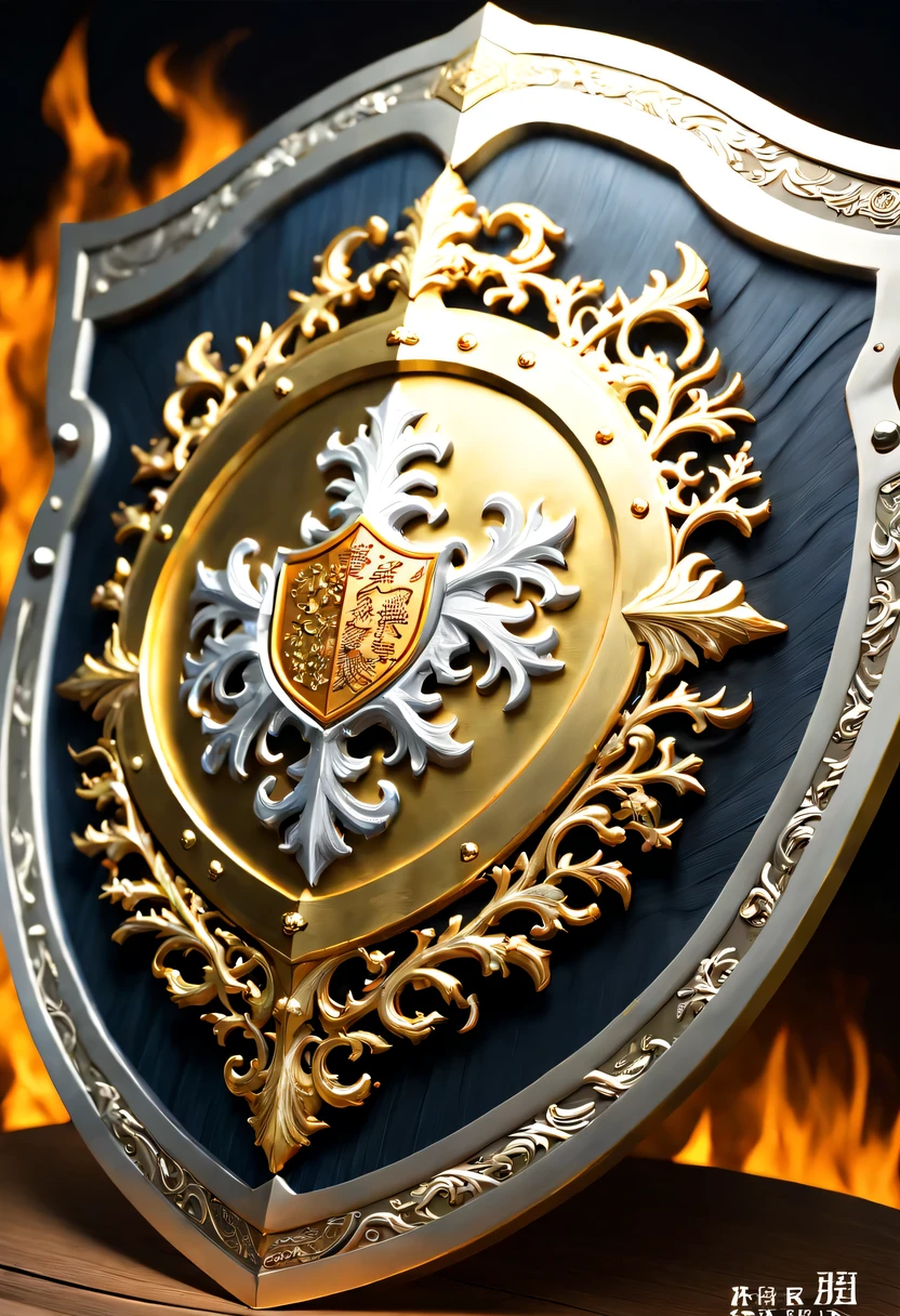 (8k, 16k, Award-winning, best quality, highest resolution, Super details, high detail, anatomically correct, masterpiece, stunning beauty), (金属shield: 1.3), 藤蔓内的智能shield , shield, Detail decoration, Snowflake carving, exquisite craftsmanship , Legendary shields, Rare and precious, intricate details, 智能shield由一种叫做山铜的金属制成, There are no gemstones, (Ancient characters are engraved on the inside of the shield: 1.2), Impeccable, platinum, white, Gold and silver, Trapped in a world of vines.