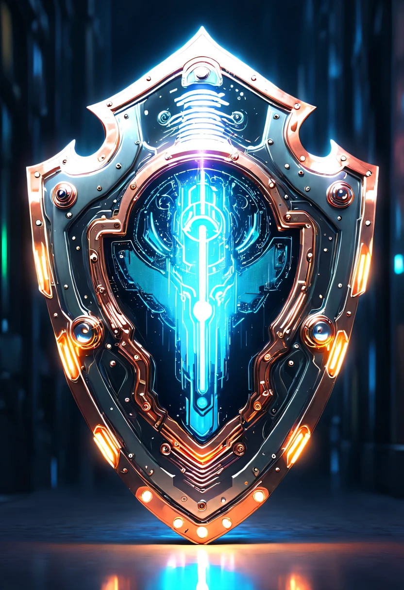 (Legendary Energy Light Shield:1.5),liquid metal,Copper plate engraving,Sci-fi transparent ethereal shield,cyberpunk,Holographic projection,mechanical aesthetics,neon lights,laser light,fluorescence,glow effect,liquid metal,Copper plate engraving,Unreal Engine,
