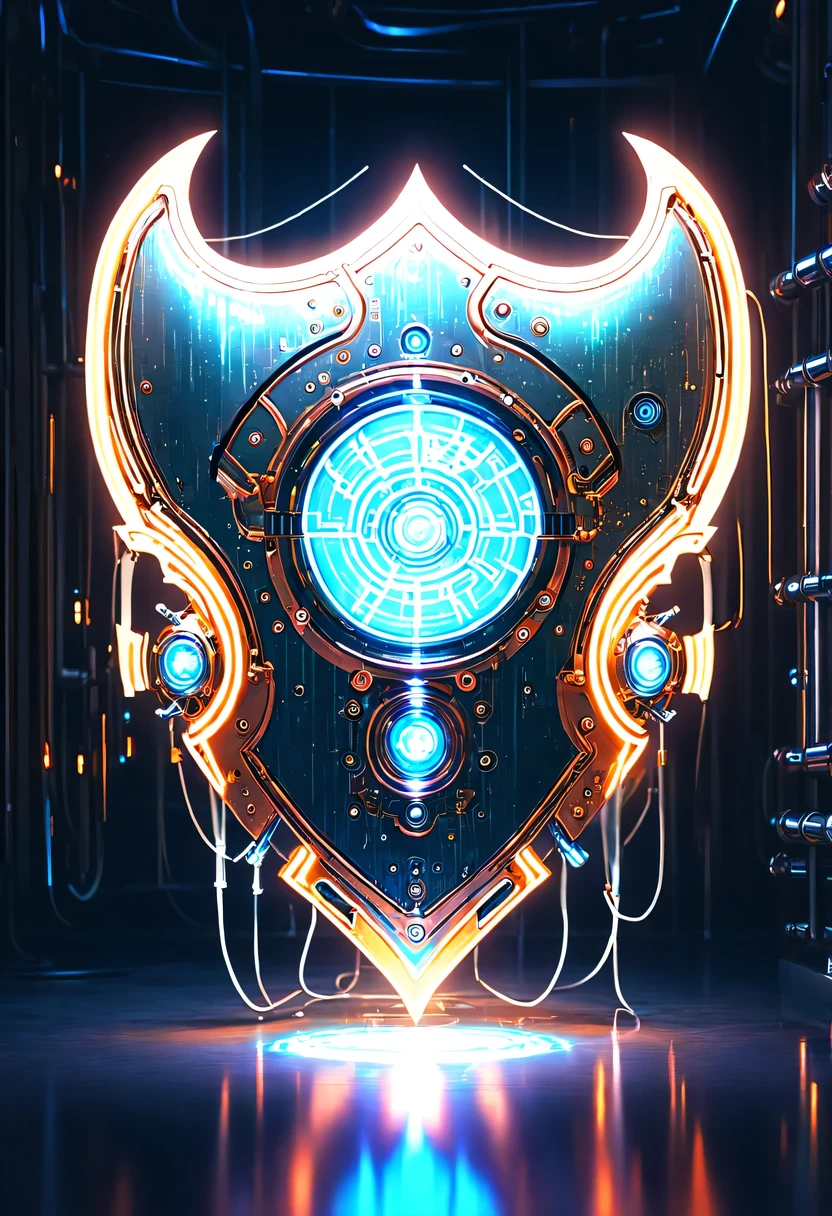 (Legendary Energy Light Shield:1.5)，liquid metal，Copper plate engraving，Sci-fi transparent ethereal shield，cyberpunk，Holographic projection，mechanical aesthetics，neon lights，laser light，fluorescence，glow effect，liquid metal，Copper plate engraving，Unreal Engine,