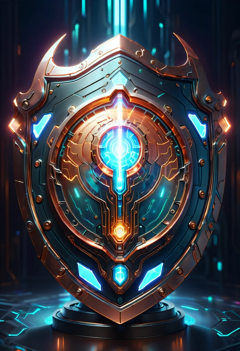 (Legendary Energy Light Shield:1.5),liquid metal,Copper plate engraving,Sci-fi transparent ethereal shield,cyberpunk,Holographic projection,mechanical aesthetics,neon lights,laser light,fluorescence,glow effect,liquid metal,Copper plate engraving,Unreal Engine,