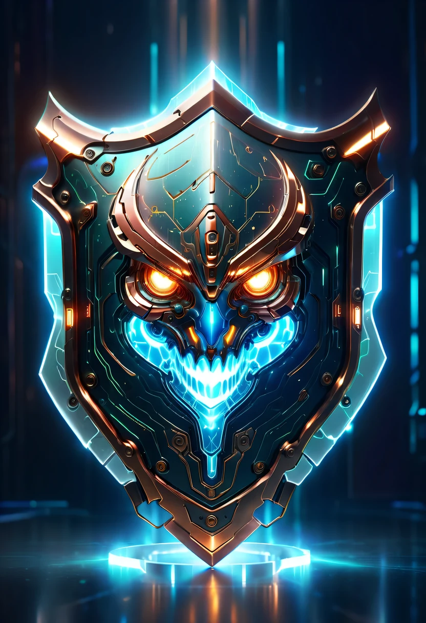 (Legendary Energy Light Shield:1.5),liquid metal,Copper plate engraving,Sci-fi transparent ethereal shield,cyberpunk,Holographic projection,mechanical aesthetics,neon lights,laser light,fluorescence,glow effect,liquid metal,Copper plate engraving,Unreal Engine,