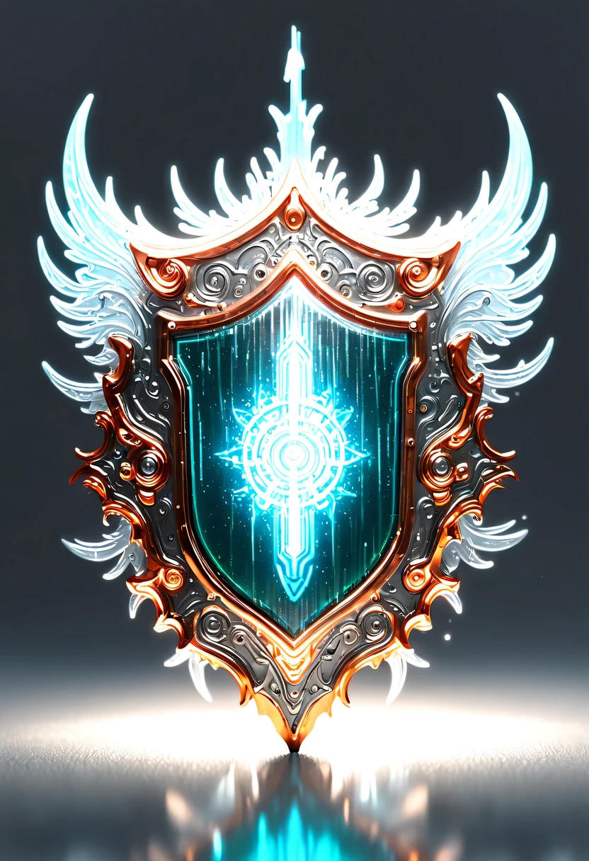 hyper detailed masterpiece,Dynamic,amazing quality,Floating super large ethereal shield,(Legendary Energy Light Shield:1.5),liquid metal,Copper plate engraving,Sci-fi transparent ethereal shield,metallic feel,Retro cyberpunk,Surrealism,The Arthur effect, transparent body, Gradient translucent glass melt, Caustics, transparent glass texture, rainbow colors, Designed by Dietrams, simple, Shine in rich detail, White background, industrial design, Studio lights up, c4d, Overclocked renderer, Clean shadows, 4K,cyberpunk,Holographic projection,fault art,mechanical aesthetics,neon lights,laser light,fluorescence,glow effect,liquid metal,Copper plate engraving,Unreal Engine