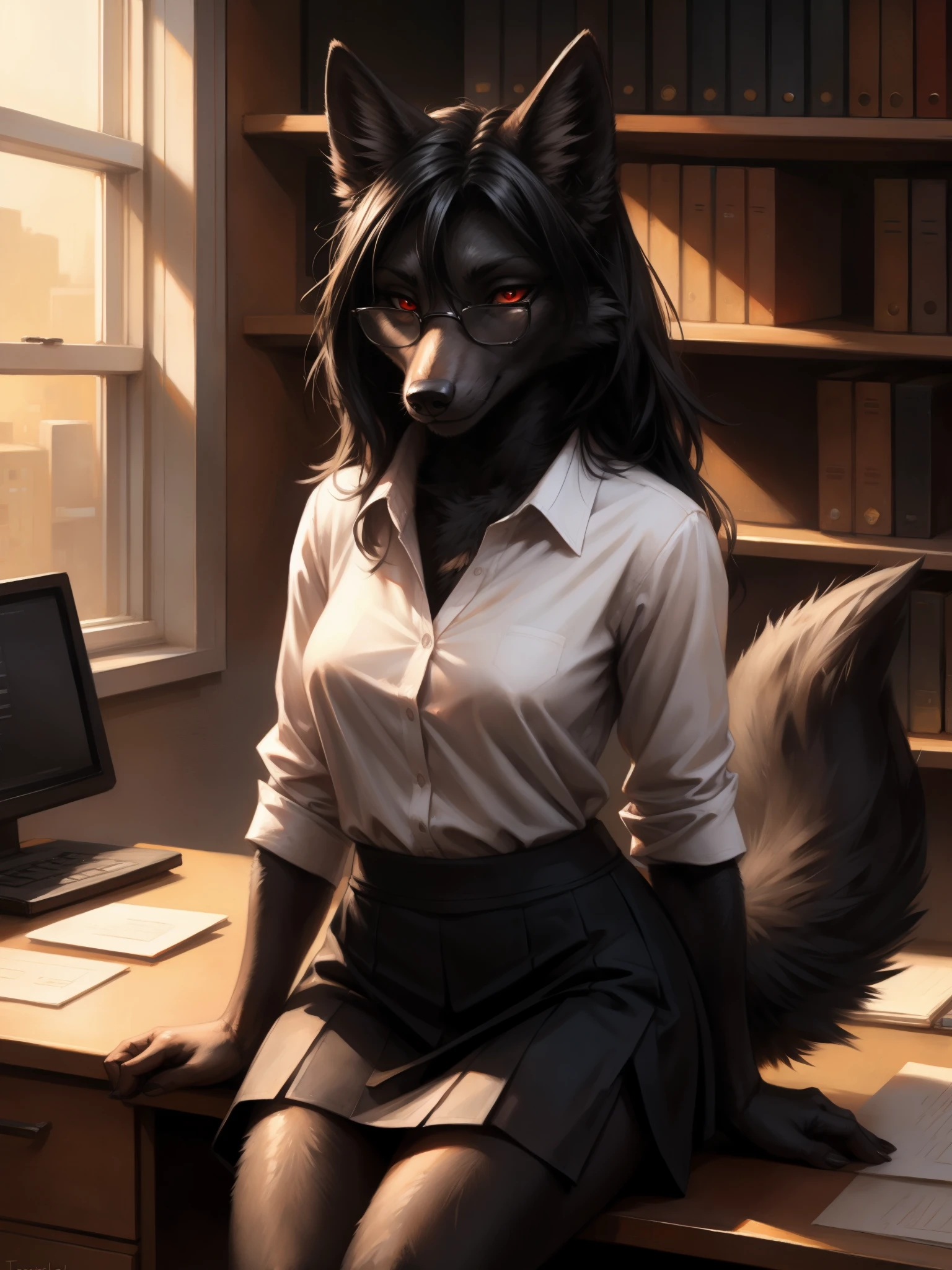 by kenket, by totesfleisch8, (by thebigslick, by silverfox5213:0.8), (by syuro:0.2), a dark grey wolf, female, red eyes, white sclera, nlack wolf ears, long black hair, straight black bangs, cute snout, black nose, black wolf tail, wearing white button up shirt, black skirt, black leggings, elegant glasses, serious expression, sitting, behind a teachers desk, in an office