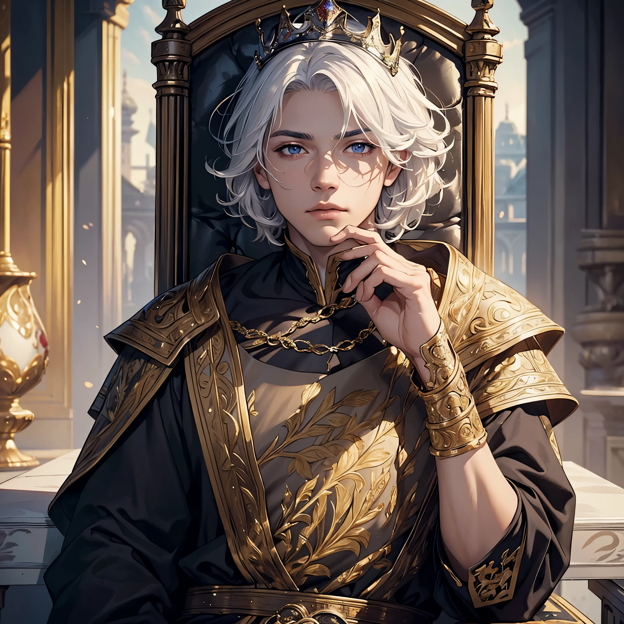 masterpiece: 1.2, best quality), realistic, (real image, intricate details, depth of field), (1boy, solo), makeup, highly detailed, perfect face, white hair, wearing armor, king, dye, seductive, male, throne behind background, crown, coronation,