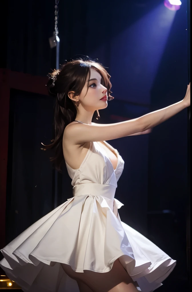 a girl in a white dress,dancing in a nightclub,on a pole,a lot of details,8k,dim lights.
