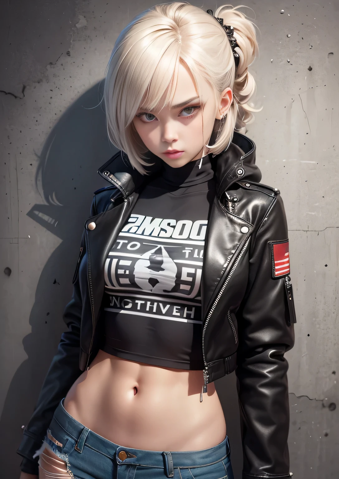 1 girl Assertive athlete, with amber eyes and platinum blonde spikes. Wears leather jackets, graphic tees, ripped jeans, and combat boots, a modern rebel. Discreet tattoos hint at her rebellious spirit, and short spiky hair adds to her bold appearance. Rei's piercing gaze and confident demeanor make her a formidable and intriguing character.