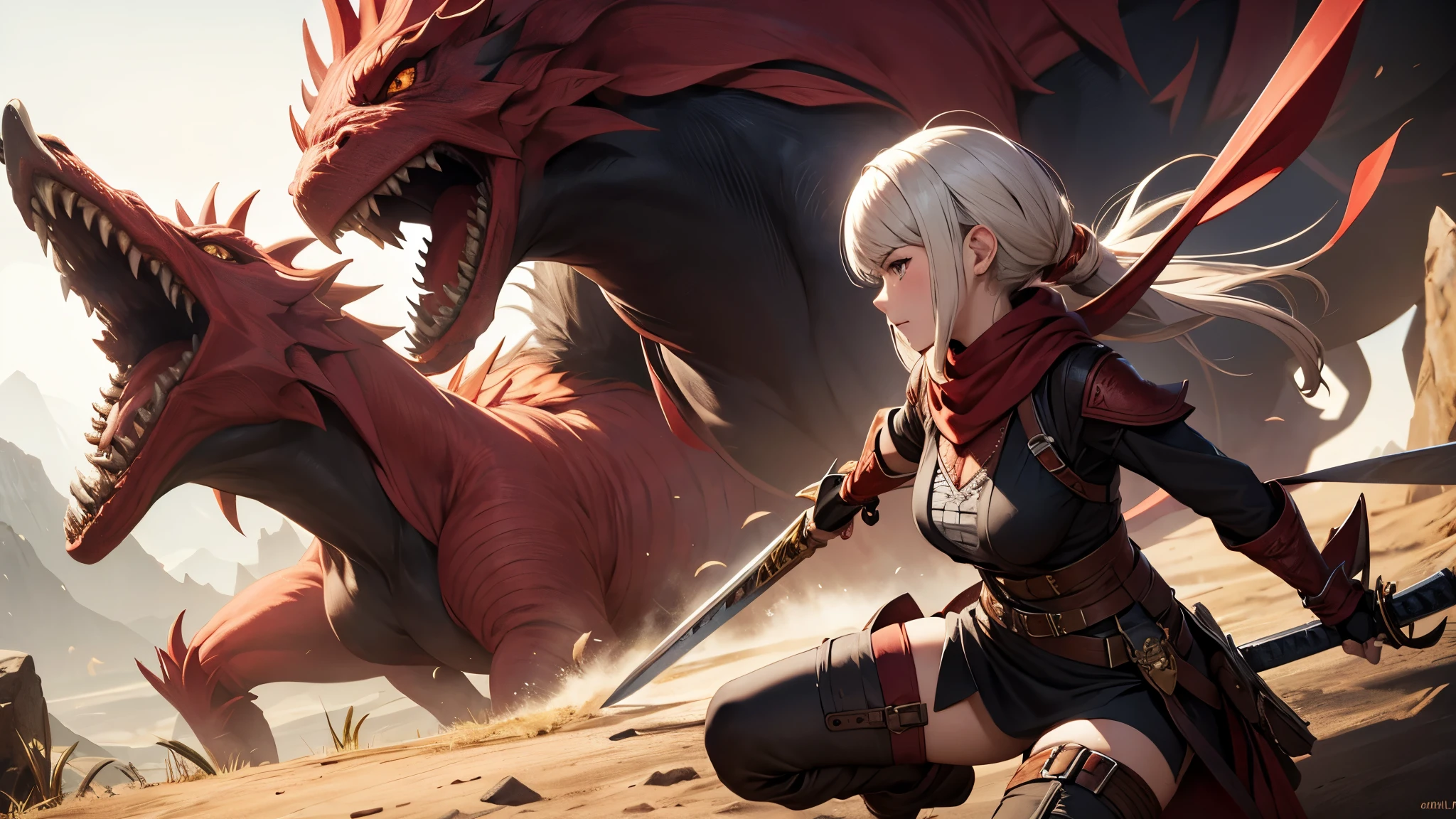 monster hunter, girl in Odogaron gear with a long sword katana fighting a monster