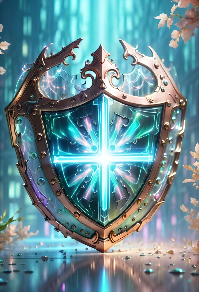 pastel tones,Light style,Comfortable and calm,nature,warm and cozy,garden,hyper detailed masterpiece,Dynamic,amazing quality,(Floating super large ethereal shield:1.6),(Legendary Energy Light Shield:1.5),liquid metal,Copper plate engraving,Sci-fi transparent ethereal shield,metallic feel,Retro cyberpunk,Surrealism,The Arthur effect, transparent body, Gradient translucent glass melt, Caustics, transparent glass texture, rainbow colors, Designed by Dietrams, simple, Shine in rich detail, White background, industrial design, Studio lights up, c4d, Overclocked renderer, Clean shadows, 4K,cyberpunk,Holographic projection,fault art,mechanical aesthetics,neon lights,laser light,fluorescence,glow effect,liquid metal,Copper plate engraving,Unreal Engine