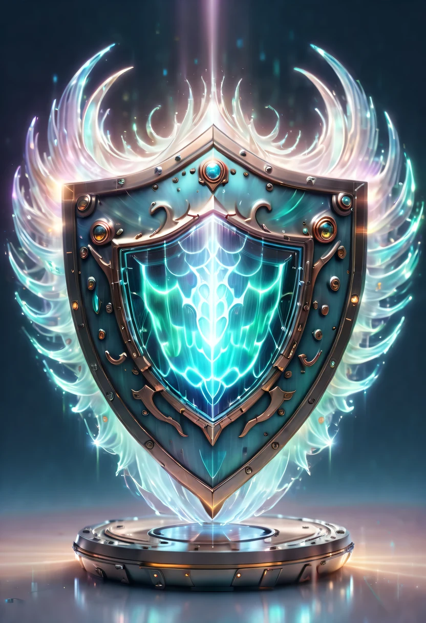 pastel tones,Light style,Comfortable and calm,nature,warm and cozy,garden,hyper detailed masterpiece,Dynamic,amazing quality,(Floating super large ethereal shield:1.6),(Legendary Energy Light Shield:1.5),liquid metal,Copper plate engraving,Sci-fi transparent ethereal shield,metallic feel,Retro cyberpunk,Surrealism,The Arthur effect, transparent body, Gradient translucent glass melt, Caustics, transparent glass texture, rainbow colors, Designed by Dietrams, simple, Shine in rich detail, White background, industrial design, Studio lights up, c4d, Overclocked renderer, Clean shadows, 4K,cyberpunk,Holographic projection,fault art,mechanical aesthetics,neon lights,laser light,fluorescence,glow effect,liquid metal,Copper plate engraving,Unreal Engine