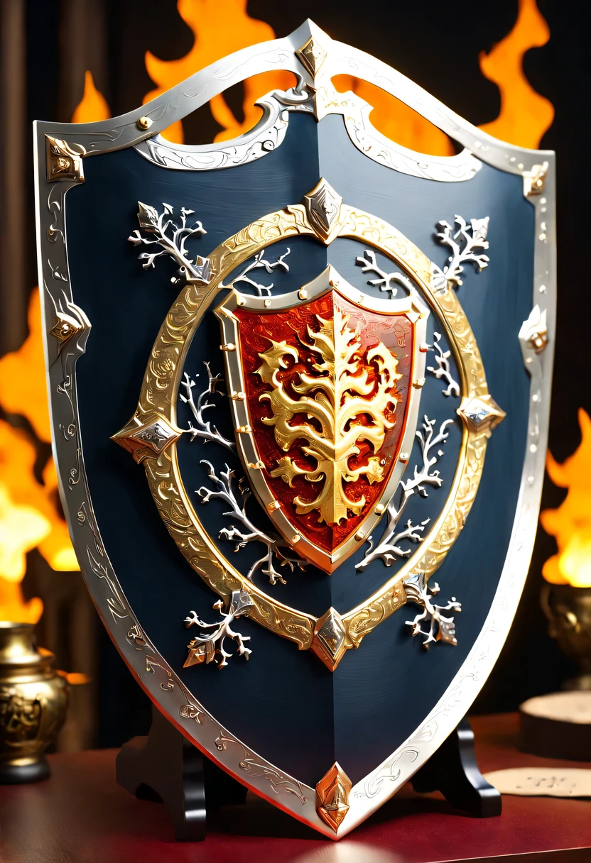 (8k, 16k, Award-winning, best quality, highest resolution, Super details, high detail, anatomically correct, masterpiece, stunning beauty), (金属shield: 1.3), 火焰内的魔法shield , shield, Detail decoration, Snowflake carving, exquisite craftsmanship , Legendary shields, Rare and precious, intricate details, 魔法shield由一种叫做山铜的金属制成, There are no gemstones, (Ancient characters are engraved on the inside of the shield: 1.2), Impeccable, platinum, white, Gold and silver, Trapped in a world of fire.