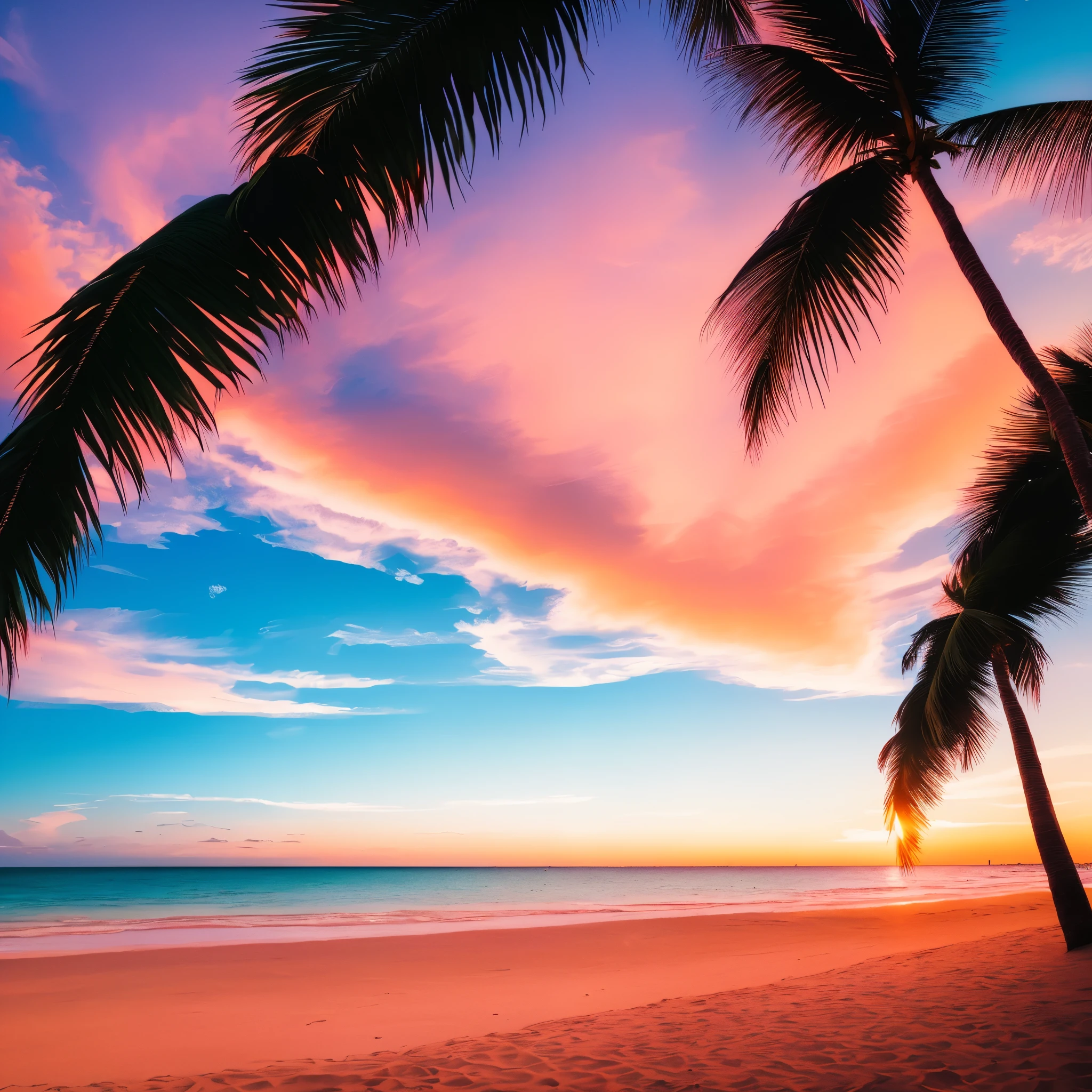 (best quality,4k,highres,masterpiece:1.2),HDR,summer Vice City vibe,beach,horizontal,palms,a lot of details,ultra-realistic sky and sea with small waves on the sandy beach,beautiful orange and pink hues,soft golden lighting