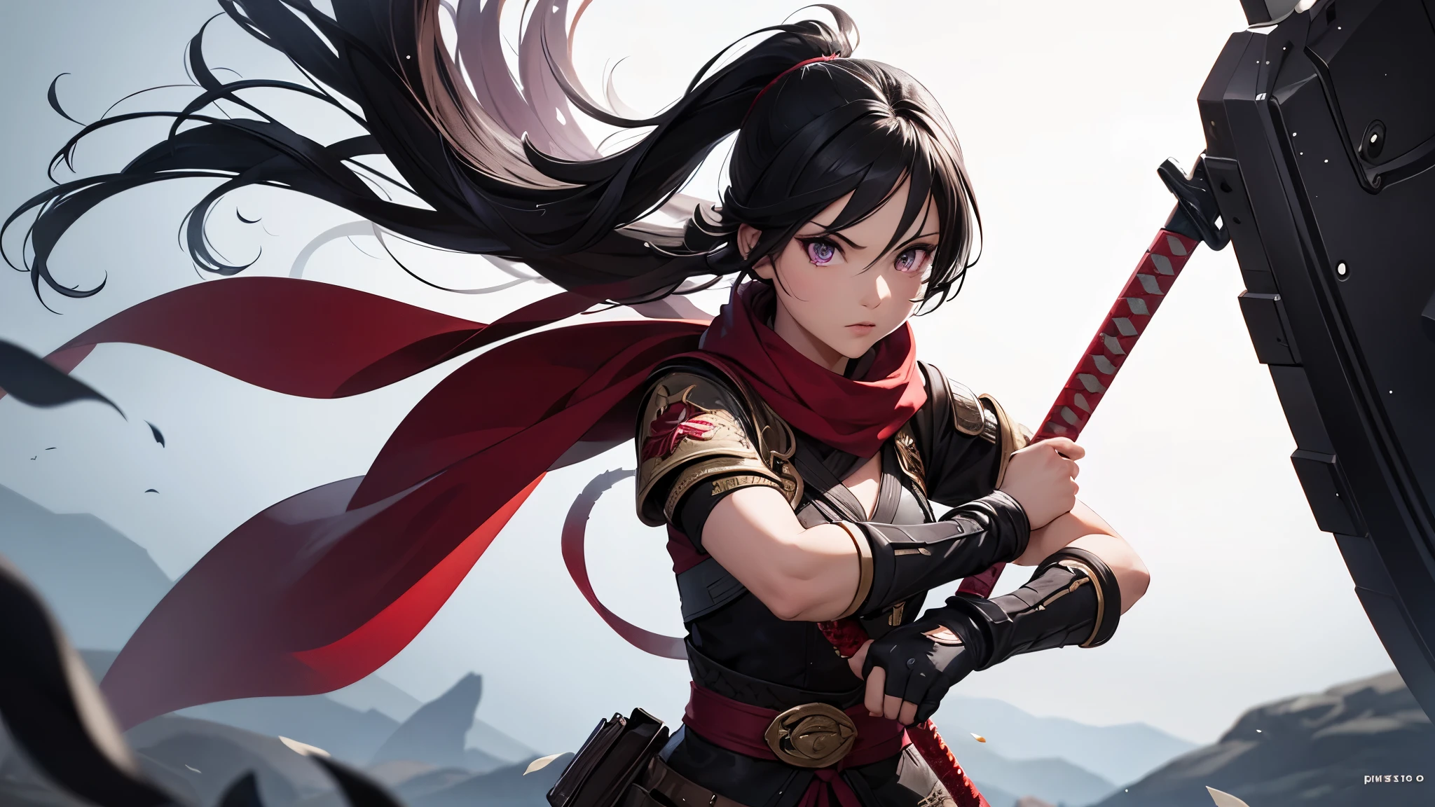 monster hunter, black hair, long pony tail, purple eyes, girl in Odogaron gear with a long sword katana swinging in the air