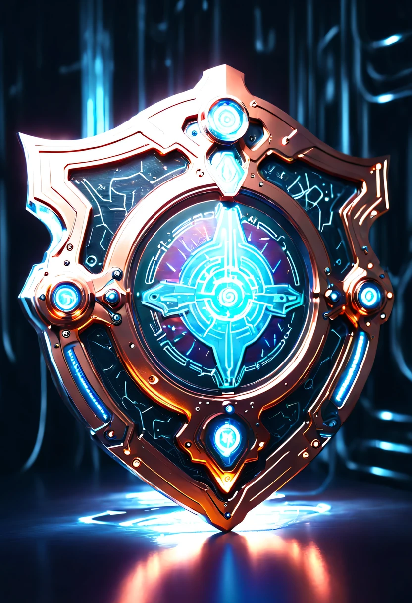 (Legendary Energy Light Shield:1.5)，liquid metal，Copper plate engraving，Sci-fi transparent ethereal shield，cyberpunk，Holographic projection，mechanical aesthetics，neon lights，laser light，fluorescence，glow effect，liquid metal，Copper plate engraving，Unreal Engine,