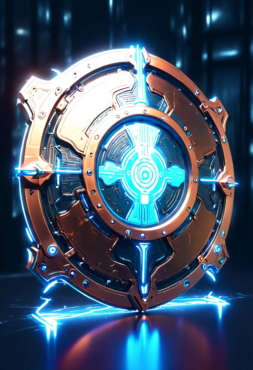 (Legendary Energy Light Shield:1.5)，liquid metal，Copper plate engraving，Sci-fi transparent ethereal shield，cyberpunk，Holographic projection，mechanical aesthetics，neon lights，laser light，fluorescence，glow effect，liquid metal，Copper plate engraving，Unreal Engine,