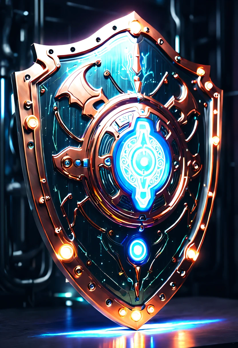 (Legendary Energy Light Shield:1.5),liquid metal,Copper plate engraving,Sci-fi transparent ethereal shield,cyberpunk,Holographic projection,mechanical aesthetics,neon lights,laser light,fluorescence,glow effect,liquid metal,Copper plate engraving,Unreal Engine,