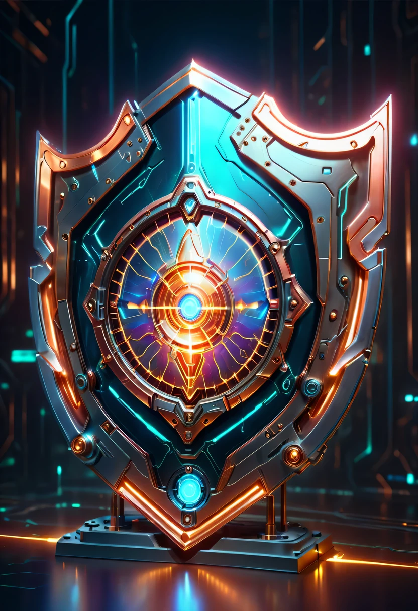 (Legendary Energy Light Shield:1.5)，liquid metal，Copper plate engraving，Sci-fi transparent ethereal shield，cyberpunk，Holographic projection，mechanical aesthetics，neon lights，laser light，fluorescence，glow effect，liquid metal，Copper plate engraving，Unreal Engine,