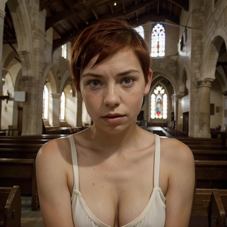 A very embarrassed looking 15 year old girl in church. Cleavage. Red pixie cut. Freckled 