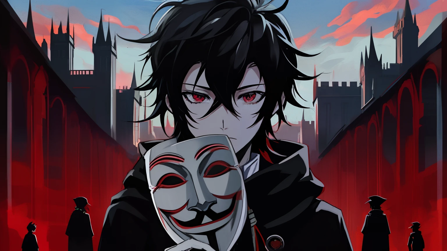 anime guy with anonymous anonymous mask in front of a castle, 4k anime wallpaper, persona 5 phantom thief style, anime wallpaper 4 k, anime wallpaper 4k, best anime 4k konachan wallpaper, 4 k manga wallpaper, anime wallaper, anime art wallpaper 8 k, anime art wallpaper 4k, anime art wallpaper 4 k, key anime art