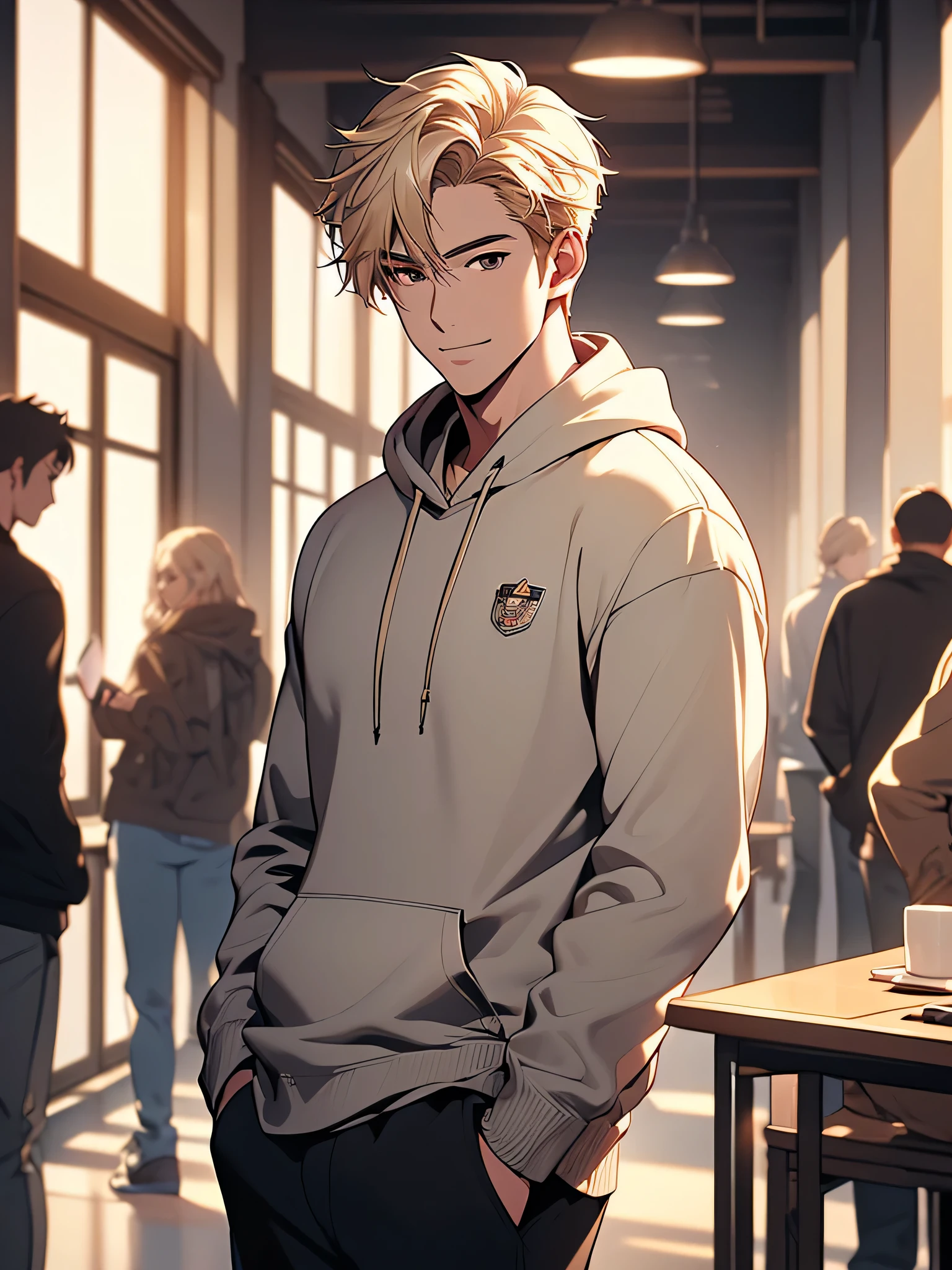 (Masterpiece, best quality, Very detailed, high resolution, CG ที่Very detailed, official art, professional lighting, perfect anatomy, anime color), Asian people, Very handsome, Medium blonde hair, , Wear a hoodie and cargo pants., smile, detailed photo, 8ก, detailed face, (day:1.5), Australia, (in university:1.4), indoor, (depth of field:1.3),