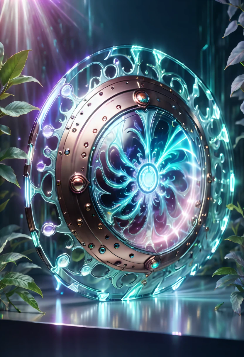 pastel tones，Light style，Comfortable and calm，nature，warm and cozy，garden，hyper detailed masterpiece，Dynamic，amazing quality，(Floating super large ethereal shield:1.6)，(Legendary Energy Light Shield:1.5)，liquid metal，Copper plate engraving，Sci-fi transparent ethereal shield，metallic feel，Retro cyberpunk，Surrealism，The Arthur effect, transparent body, Gradient translucent glass melt, Caustics, transparent glass texture, rainbow colors, Designed by Dietrams, simple, Shine in rich detail, White background, industrial design, Studio lights up, c4d, Overclocked renderer, Clean shadows, 4K，cyberpunk，Holographic projection，fault art，mechanical aesthetics，neon lights，laser light，fluorescence，glow effect，liquid metal，Copper plate engraving，Unreal Engine