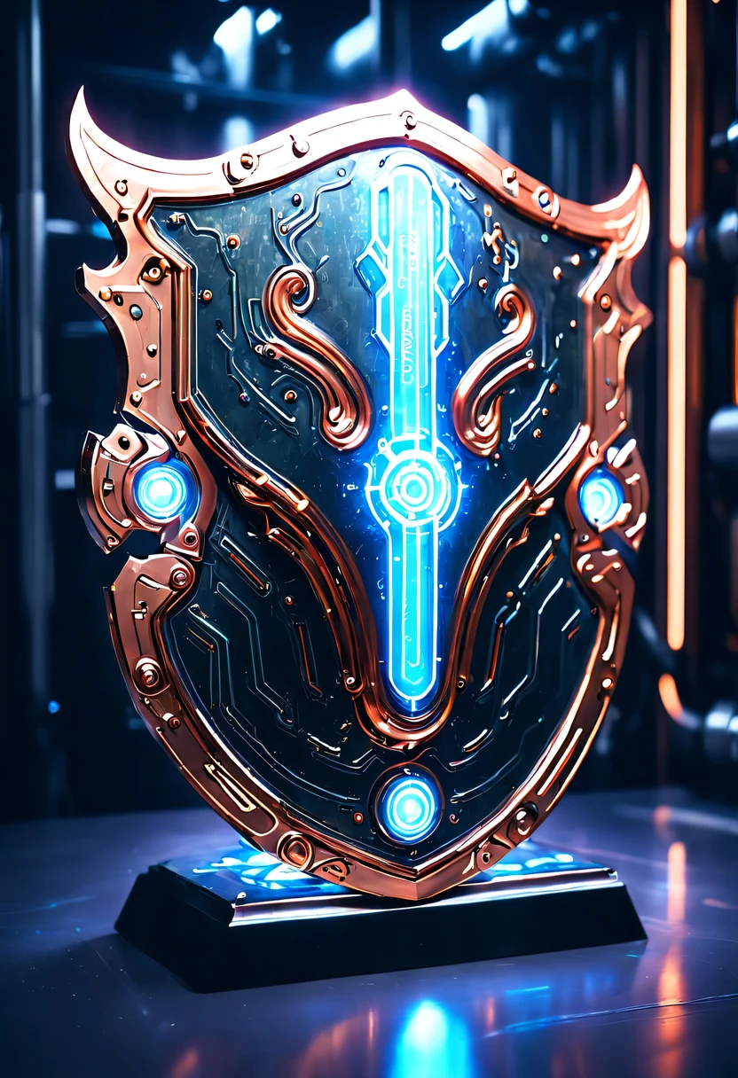 (Legendary Energy Light Shield:1.5)，liquid metal，Copper plate engraving，Sci-fi transparent ethereal shield，cyberpunk，Holographic projection，mechanical aesthetics，neon lights，laser light，fluorescence，glow effect，liquid metal，Copper plate engraving，Unreal Engine,