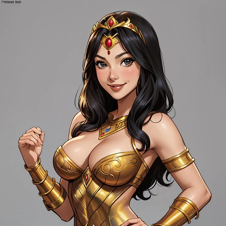 DC Comics, (emote:1), Eloise Mumford dressed as Dejah Thoris, by Frank cho and HR Geiger, barsoom, (sexy), ornate diadem, nearly naked, (1girl:1), (head shot:1.1), smiling, Gray background
