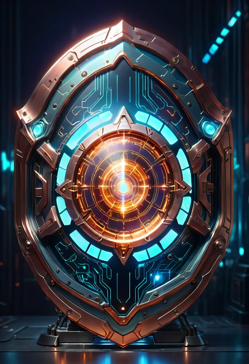 (Legendary Energy Light Shield:1.5)，liquid metal，Copper plate engraving，Sci-fi transparent ethereal shield，cyberpunk，Holographic projection，mechanical aesthetics，neon lights，laser light，fluorescence，glow effect，liquid metal，Copper plate engraving，Unreal Engine,