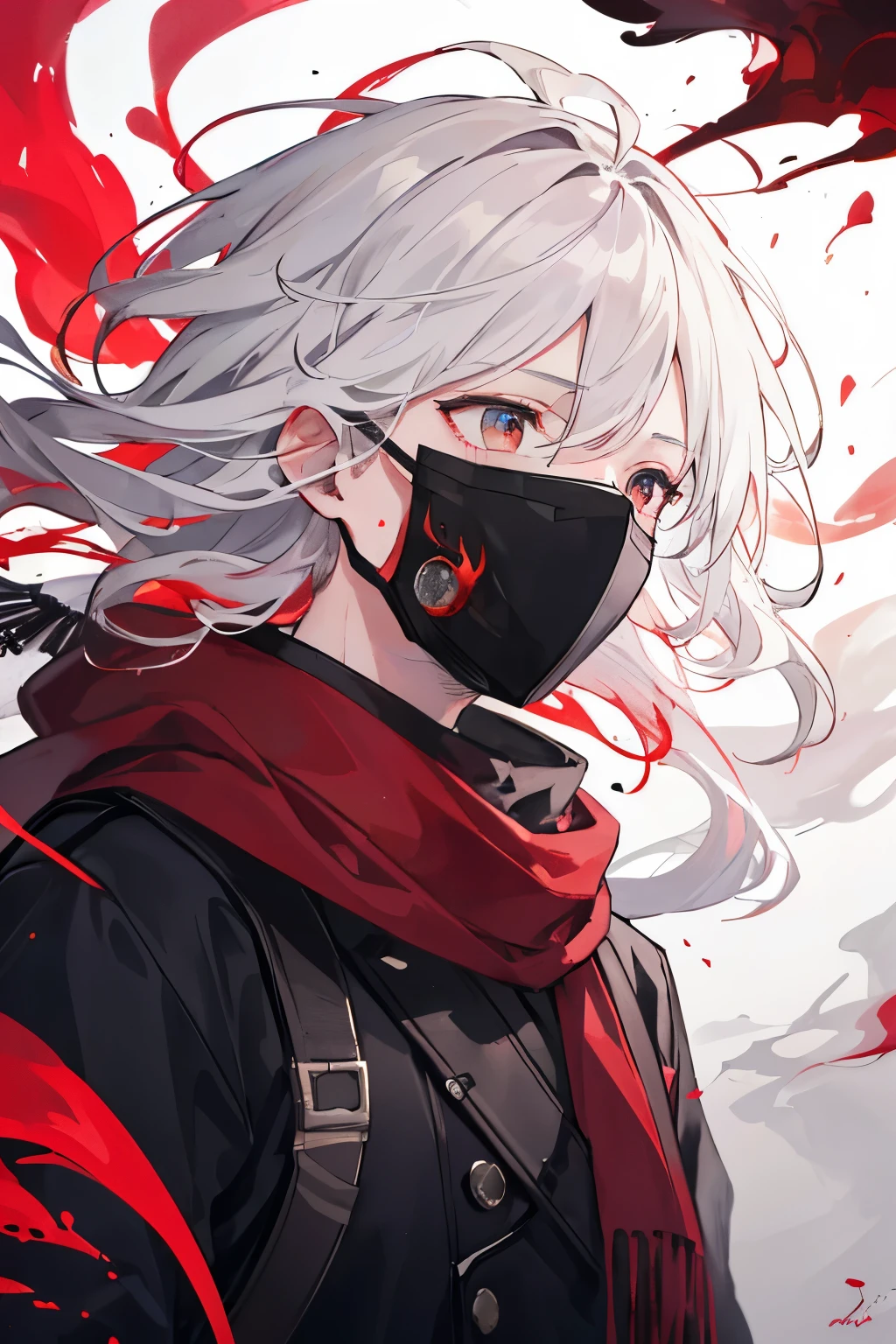 ((best quality)), ((masterpiece)), (detailed), perfect face, white hair ,eyes red ,messy hair ,black scarf flying in the wind ,(((red smoke coming form mask ))),hair white, boy, ((upper body picture))