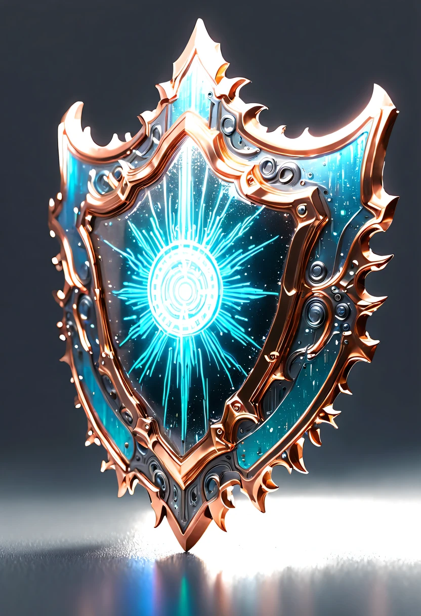 hyper detailed masterpiece,Dynamic,amazing quality,Floating super large ethereal shield,(Legendary Energy Light Shield:1.5),liquid metal,Copper plate engraving,Sci-fi transparent ethereal shield,metallic feel,Retro cyberpunk,Surrealism,The Arthur effect, transparent body, Gradient translucent glass melt, Caustics, transparent glass texture, rainbow colors, Designed by Dietrams, simple, Shine in rich detail, White background, industrial design, Studio lights up, c4d, Overclocked renderer, Clean shadows, 4K,cyberpunk,Holographic projection,fault art,mechanical aesthetics,neon lights,laser light,fluorescence,glow effect,liquid metal,Copper plate engraving,Unreal Engine