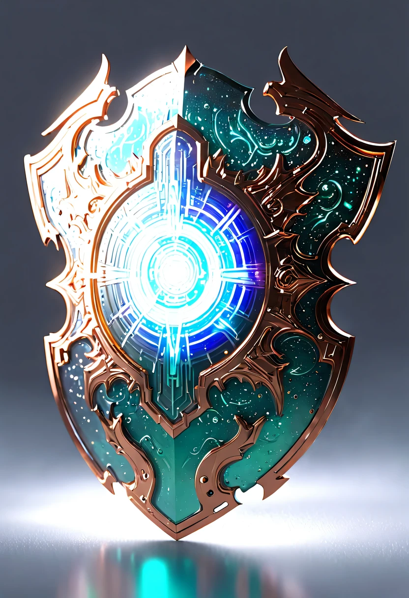 hyper detailed masterpiece,Dynamic,amazing quality,Floating super large ethereal shield,(Legendary Energy Light Shield:1.5),liquid metal,Copper plate engraving,Sci-fi transparent ethereal shield,metallic feel,Retro cyberpunk,Surrealism,The Arthur effect, transparent body, Gradient translucent glass melt, Caustics, transparent glass texture, rainbow colors, Designed by Dietrams, simple, Shine in rich detail, White background, industrial design, Studio lights up, c4d, Overclocked renderer, Clean shadows, 4K,cyberpunk,Holographic projection,fault art,mechanical aesthetics,neon lights,laser light,fluorescence,glow effect,liquid metal,Copper plate engraving,Unreal Engine