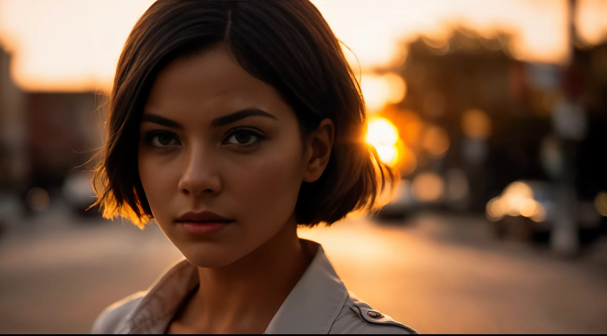 A cinematic realism image. A close-up of a woman standing on the street in golden hour backlighting. Warm color palette with natural light. Realistic with cinematic photography. Masterpiece, UHD.