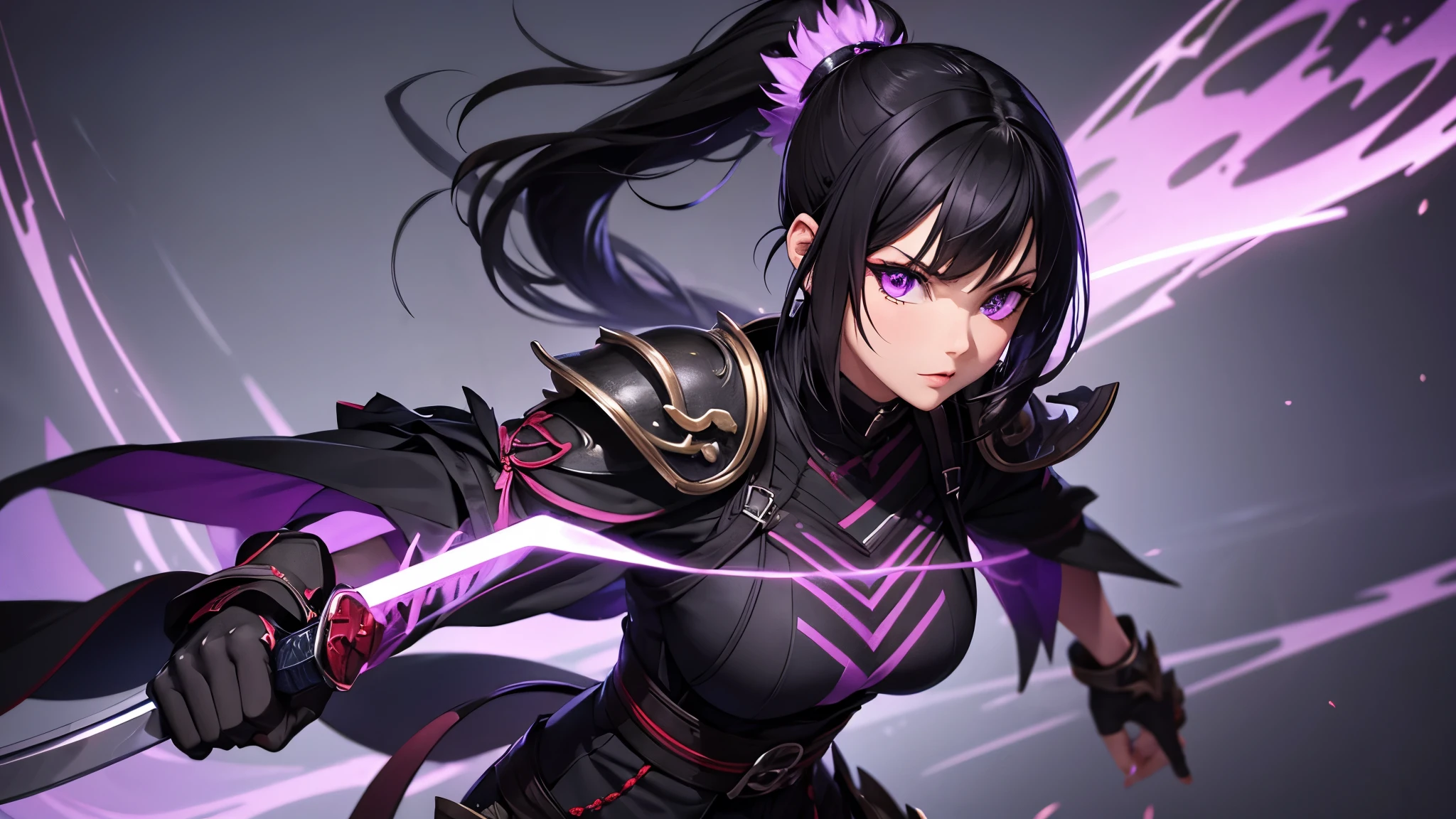 monster hunter, black hair, long pony tail, purple eyes, girl in Odogaron gear with a long sword katana swinging in the air, purple glowing effects, black gothic outfit