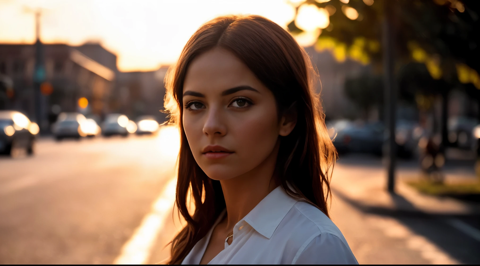  A cinematic realism image. A close-up of a woman standing on the street in golden hour backlighting. Warm color palette with natural light. Realistic with cinematic photography. Masterpiece, UHD.