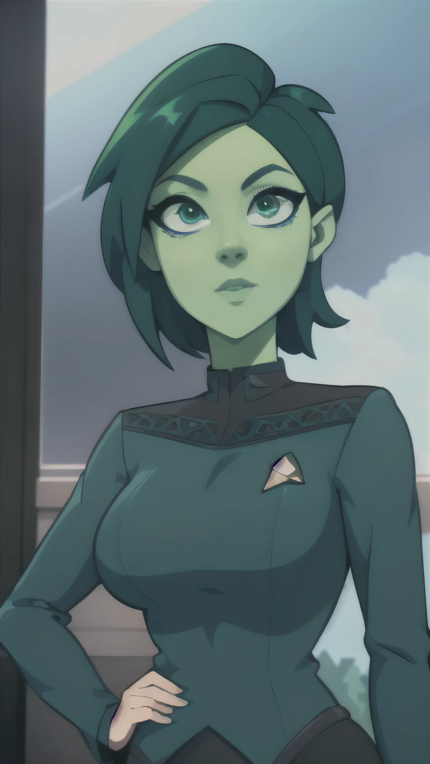 photo of Tendi, Orion from star trek, RAW, beautiful woman, ((portrait)), ((detailed face, anime eyes, anime mouth, anime nose:1.2)), (short shaved dark forest green hair:1.3), ((detailed facial features, detailed vibrant green skin, emerald green skin skin:1.5), (perfect proportioned body), (wearing a Starfleet uniform) (high detailed futuristic city environment, Starry skyline), (realistic photo, best quality, detailed), (8k wallpaper), (cinematic lighting, dramatic lighting) (sharp focus, intricate)