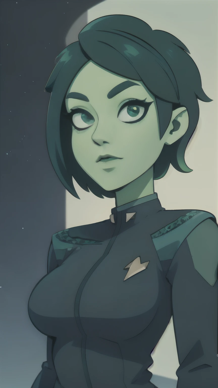 photo of Tendi, Orion from star trek, RAW, beautiful woman, ((portrait)), ((detailed face, anime eyes, anime mouth, anime nose:1.2)), (short shaved dark forest green hair:1.3), ((detailed facial features, detailed vibrant green skin, emerald green skin skin:1.5), (perfect proportioned body), (wearing a Starfleet uniform) (high detailed futuristic city environment, Starry skyline), (realistic photo, best quality, detailed), (8k wallpaper), (cinematic lighting, dramatic lighting) (sharp focus, intricate)