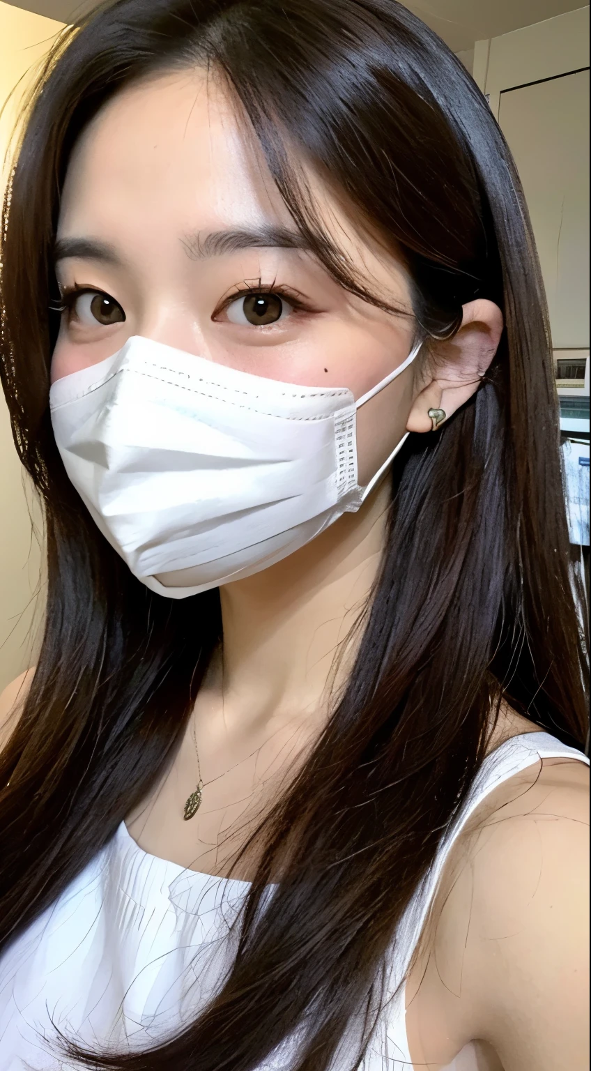 long beautiful hair、white mask、arafed woman wearing a face mask