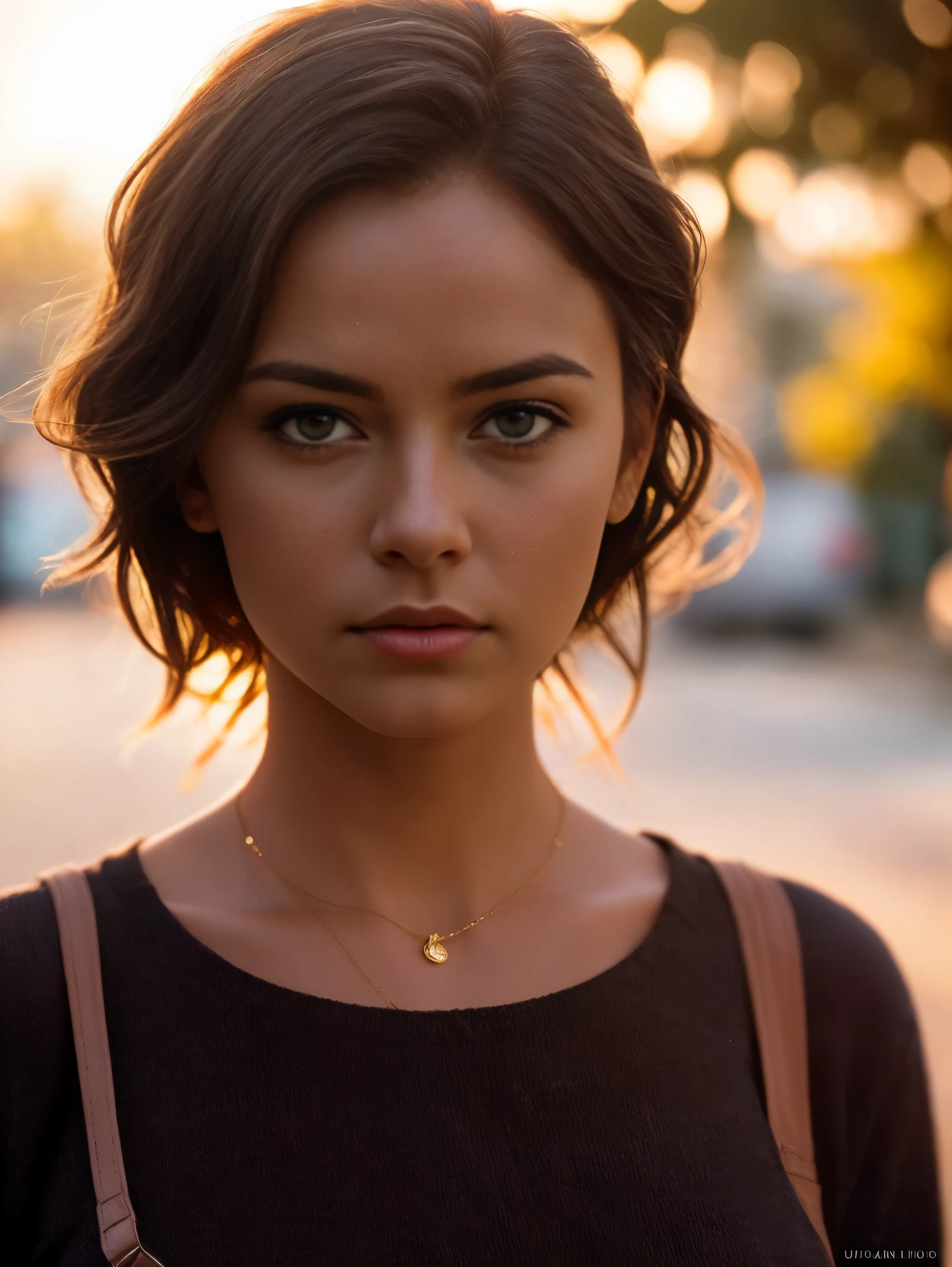 A cinematic realism image. A close-up of a woman standing on the street in golden hour backlighting. Warm color palette with natural light. Realistic with cinematic photography. Masterpiece, UHD.
