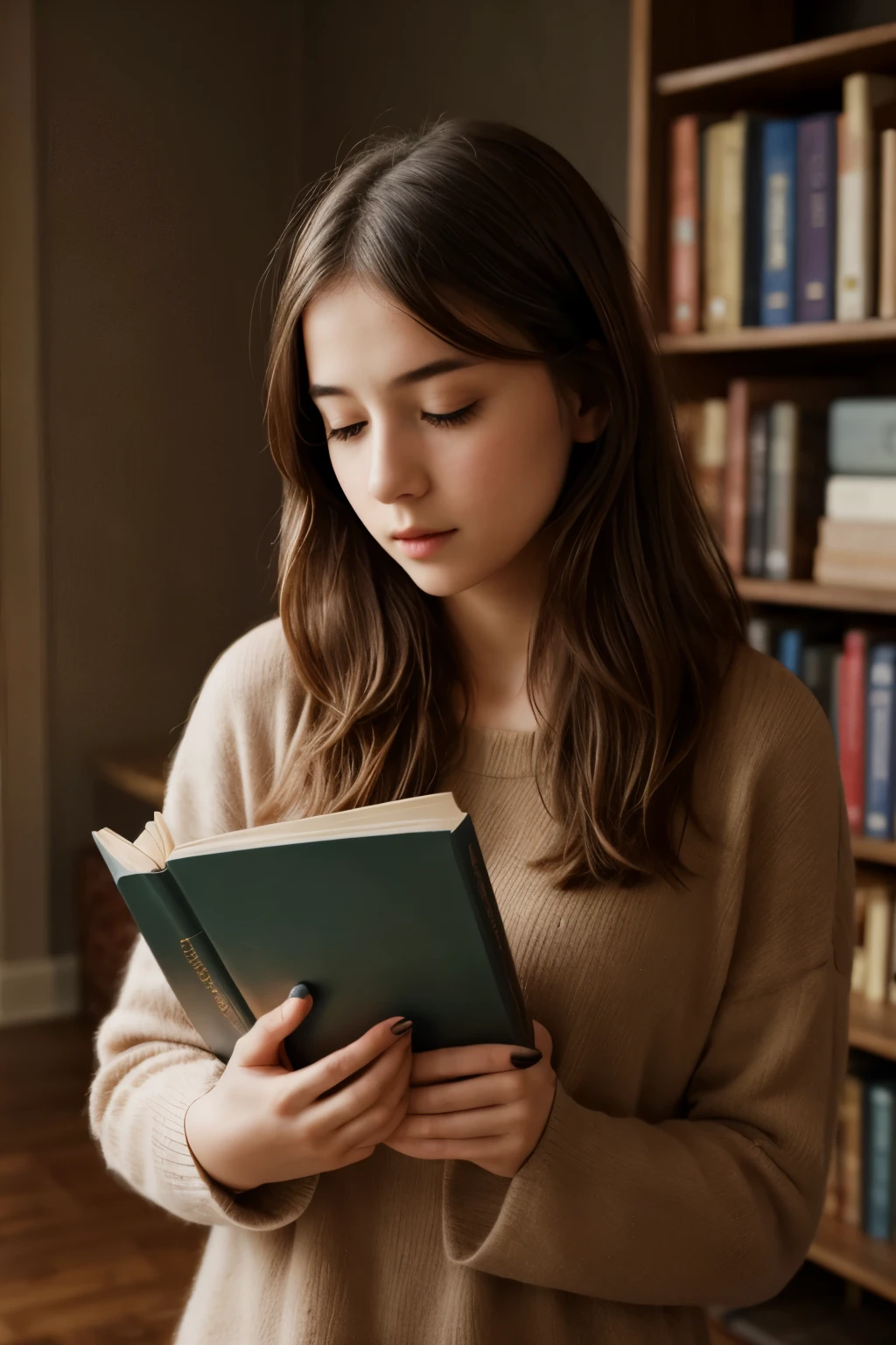 beautiful girl holding a book, head turned to the left, photo realism,8K