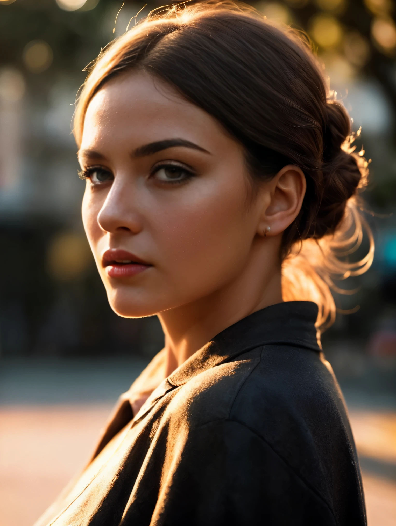 A cinematic realism image. A close-up of a woman standing on the street in golden hour backlighting. Warm color palette with natural light. Realistic with cinematic photography. Masterpiece, UHD.