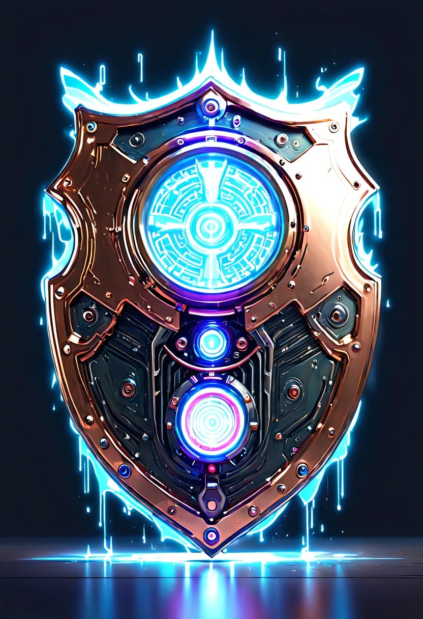 (Legendary Energy Light Shield:1.5)，liquid metal，Copper plate engraving，Sci-fi transparent ethereal shield，cyberpunk，Holographic projection，mechanical aesthetics，neon lights，laser light，fluorescence，glow effect，liquid metal，Copper plate engraving，Unreal Engine,