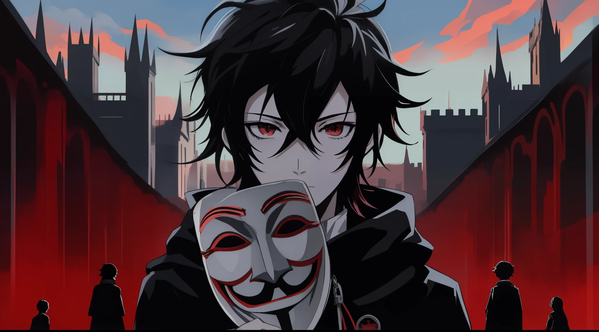 anime guy with anonymous anonymous mask in front of a castle, 4k anime wallpaper, persona 5 phantom thief style, anime wallpaper 4 k, anime wallpaper 4k, best anime 4k konachan wallpaper, 4 k manga wallpaper, anime wallaper, anime art wallpaper 8 k, anime art wallpaper 4k, anime art wallpaper 4 k, key anime art